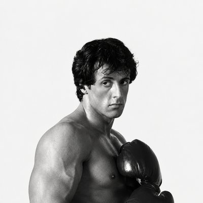 a black and white photo of a man wearing boxing gloves