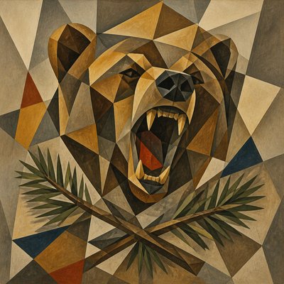 a roaring bear head above crossed pine branches, bold graphic composition on a plain background, no text