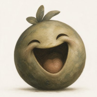 an exaggerated laughing face of an original round mascot character, bold and readable at small size, plain background, no text