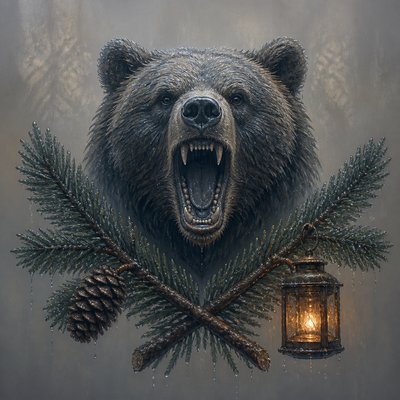 a roaring bear head above crossed pine branches, bold graphic composition on a plain background, no text