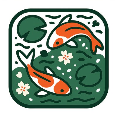 A koi pond seen from above, orange and white koi fish swimming among lily pads, clear water with subtle ripples, fallen cherry blossom petals floating on the surface, dappled sunlight