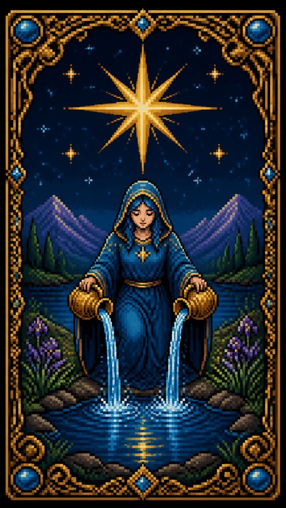 a robed figure pouring water beneath a large eight-pointed star in a night sky, symmetrical composition with an ornate decorative border, no text