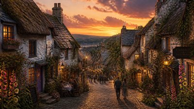 bustling city street panorama at dusk