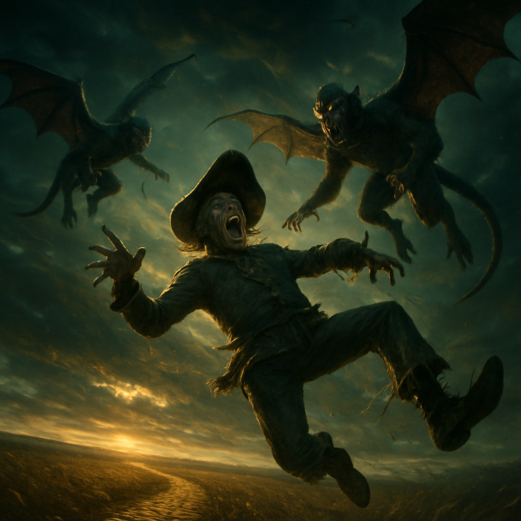 Cinematic Concept Art, High Fantasy Illustration, Wide Angle, Dynamic Lighting "A wide, epic shot of the Wizard of Oz Scarecrow being violently lifted into the air by three menacing, taloned Flying Monkeys descending from a swirling, dark-clouded sky. The Scarecrow is mid-scream, straw is bursting from a tear in his pant leg, and his hat is flying off. The scene is set over a desolate, golden field, with a tiny Yellow Brick Road receding into the distance. Volumetric light rays pierce the storm clouds, highlighting the terror and the tattered fabric of the monkeys' wings. Focal Length 24mm, 8K, highly detailed, dramatic shadow depth."