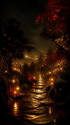 a mysterious forest path with fireflies and drifting mist, atmospheric vertical composition with open space at the top, no text