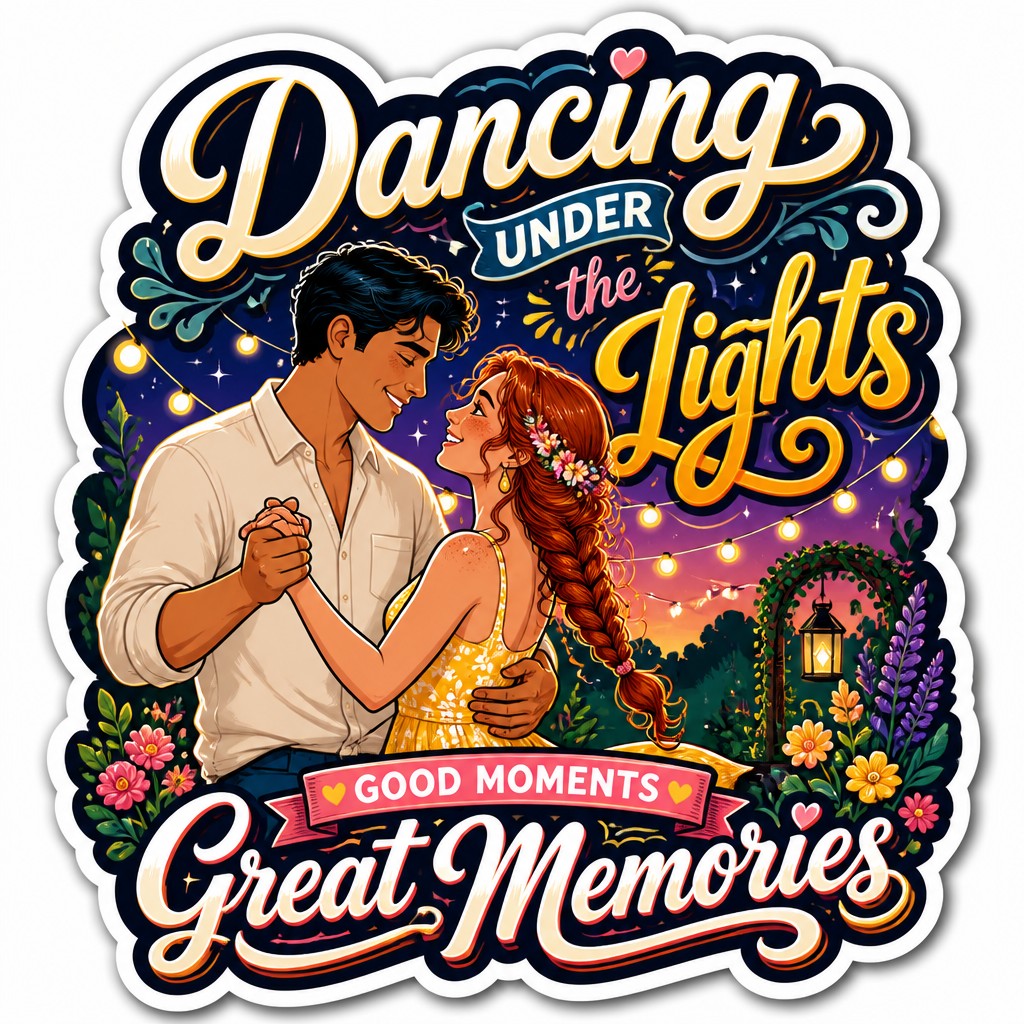 an original couple dancing under string lights in a garden at dusk: a man with short black hair in a linen shirt and a woman with braided red hair in a summer dress