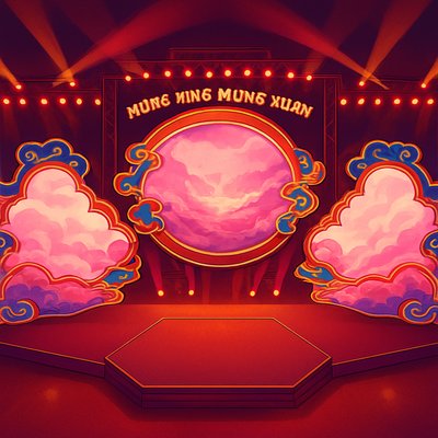 a stage with a mirror and clouds on it