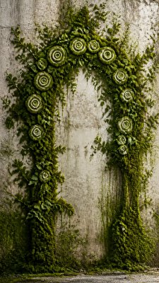 an arch of white roses and eucalyptus in soft morning light, elegant vertical composition with open space, no text