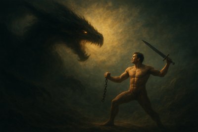 a painting of a man holding a sword in front of a demon