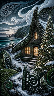 a snow-covered cottage with warm glowing windows beside a decorated pine tree, gentle snowfall, no text