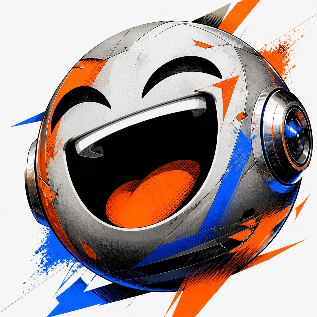 an exaggerated laughing face of an original round mascot character, bold and readable at small size, plain background, no text