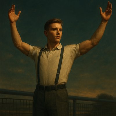a painting of a man holding his hands up