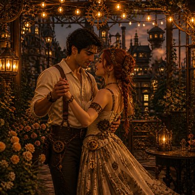 an original couple dancing under string lights in a garden at dusk: a man with short black hair in a linen shirt and a woman with braided red hair in a summer dress