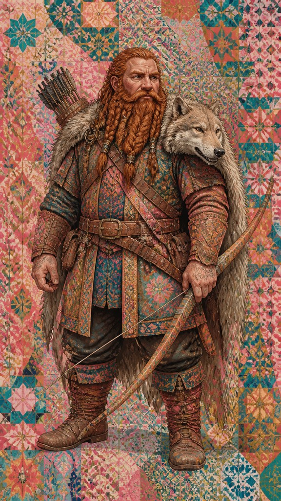 full-body original character: a dwarven ranger with a braided auburn beard, worn leather armor, a longbow and a wolf-pelt cloak, neutral background, no text