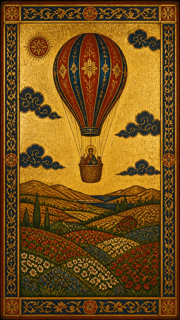 a hot air balloon drifting over rolling flower fields on a sunny day, cheerful, no text