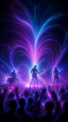 a live music scene with a glowing stage and silhouetted crowd, energetic vertical composition with open space at the top, no text