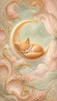 a sleeping baby fox curled on a crescent moon among soft stars, gentle and warm, no text