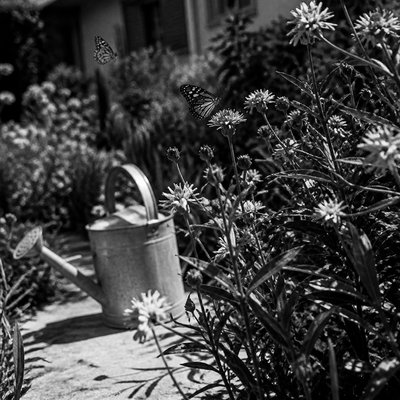 a garden scene with butterflies, flowers and a watering can, clean uncolored line art, no text