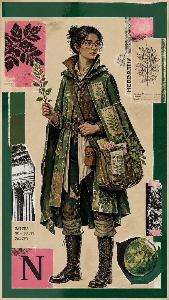 full-body original character: a wandering botanist with a satchel of plants, a patched green cloak, tall boots and round glasses, neutral background