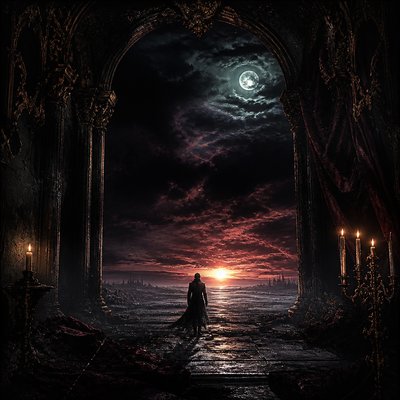 a solitary figure walking toward a glowing horizon across an empty plain, moody atmosphere, no text or lettering