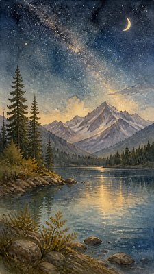 a tranquil mountain lake beneath a starry night sky, no people, no text