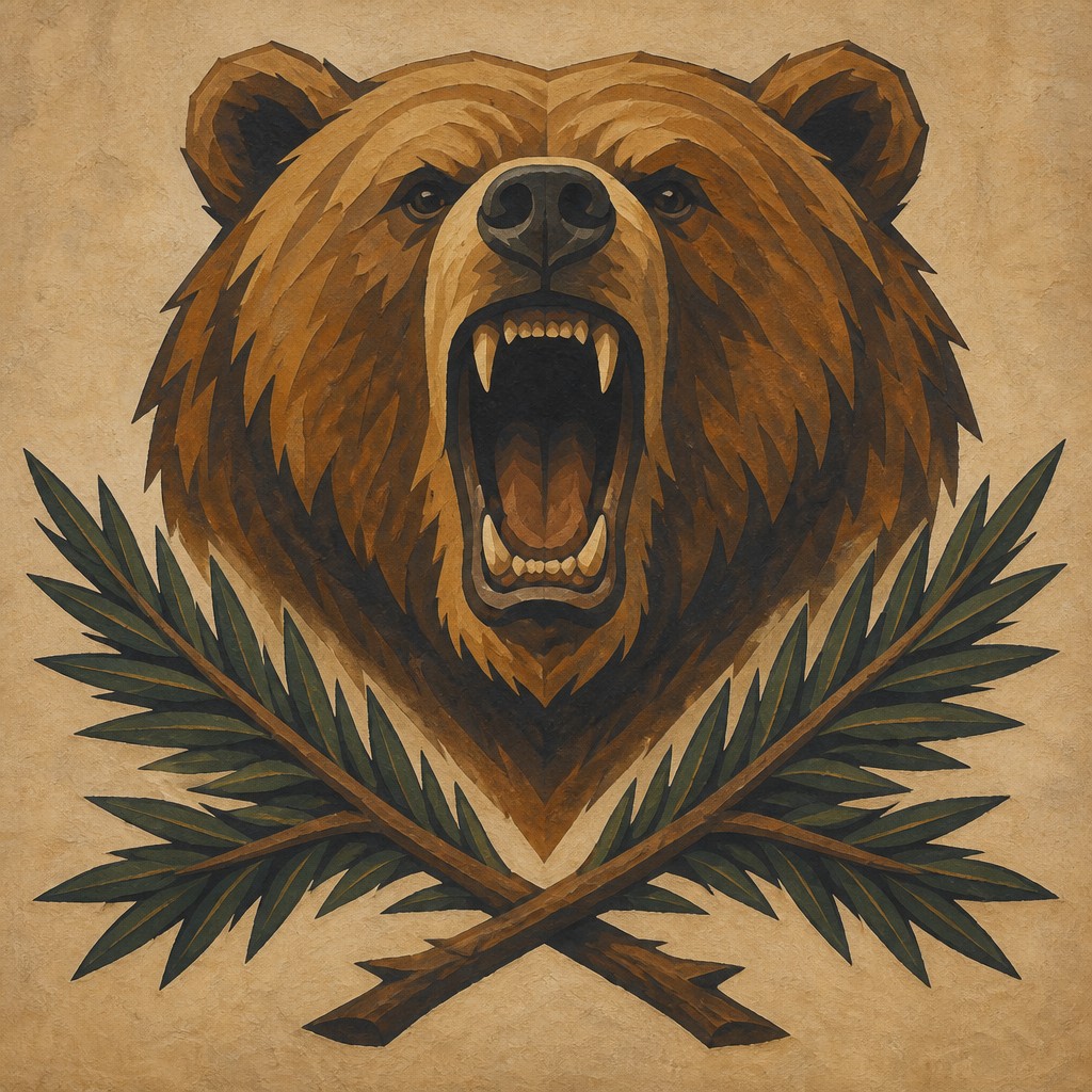 a roaring bear head above crossed pine branches, bold graphic composition on a plain background, no text