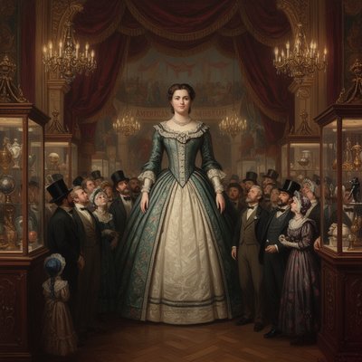 Victorian Oil Painting Art Style, Historical Digital Art Style, a rich and detailed full-body portrait of the famous giantess Anna Swan standing in the center of a lavish, gaslit exhibition hall at P.T. Barnum's American Museum in the 1860s. She is towering over the surrounding crowd of average-sized gentlemen in top hats and ladies in bonnets, whose heads only reach her waistline; they look up at her with expressions of awe and curiosity. Anna is dressed with immense dignity in a fashionable, expansive Victorian silk gown with a crinoline hoop skirt, tailored bodice, and lace trim. Her face is gentle, intelligent, and composed. The background is crowded with heavy red velvet drapery, gilded architectural details, curiosities in glass cases, and painted circus banners faintly visible. The lighting is warm, dramatic gaslight, creating deep shadows and highlighting the rich fabrics and the incredible scale of Anna Swan compared to her environment.