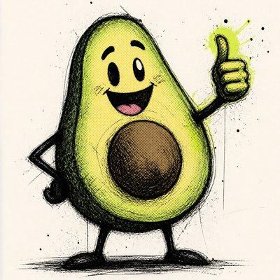 a happy avocado character giving a thumbs up, bold readable design on a plain background, no text