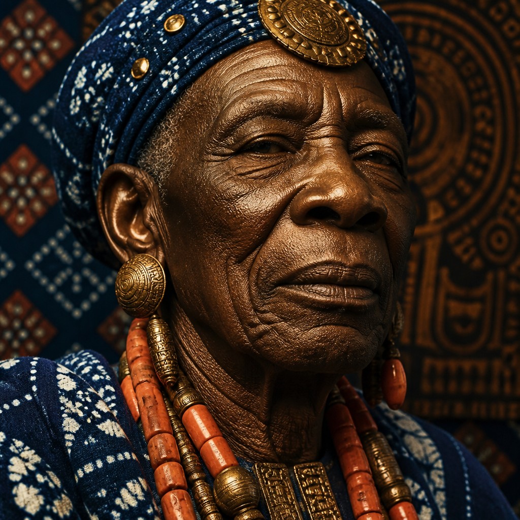 close-up portrait of an elderly person with expressive weathered features — Nigerian Art Style