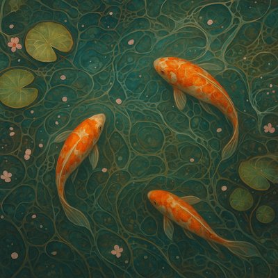 A koi pond seen from above, orange and white koi fish swimming among lily pads, clear water with subtle ripples, fallen cherry blossom petals floating on the surface, dappled sunlight