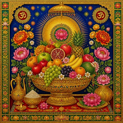still life arrangement of fruits and flowers