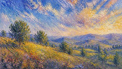 rolling hills with scattered trees under a big dramatic sky, no people