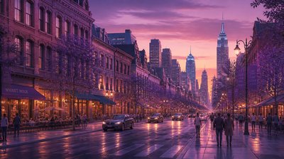 bustling city street panorama at dusk