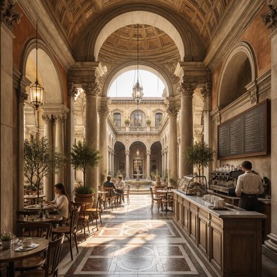 cozy cafe interior with warm lighting
