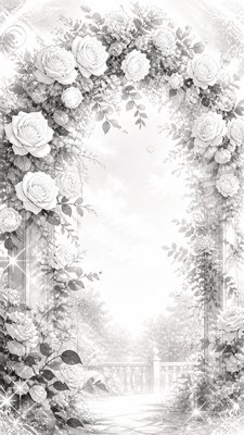 an arch of white roses and eucalyptus in soft morning light, elegant vertical composition with open space, no text