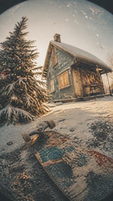 a snow-covered cottage with warm glowing windows beside a decorated pine tree, gentle snowfall, no text