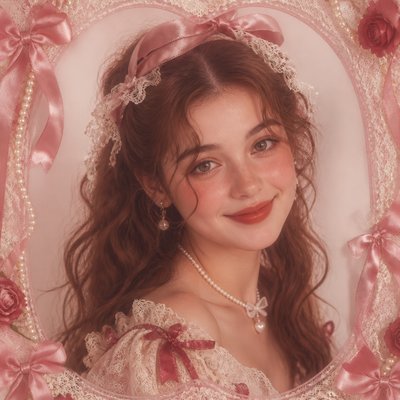 head-and-shoulders portrait of an original character: a young woman with wavy chestnut hair and a warm smile, plain soft backdrop