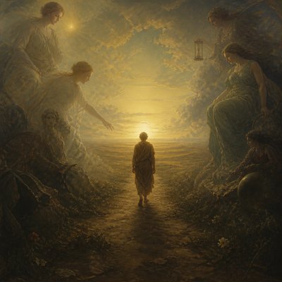 a solitary figure walking toward a glowing horizon across an empty plain, moody atmosphere, no text or lettering