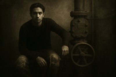 a black and white photo of a man sitting next to a fire hydrant
