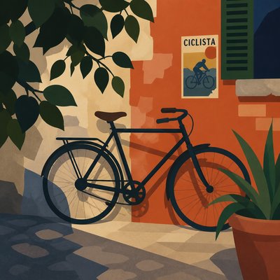 bicyle resting against a wall — Overlapping Art Style