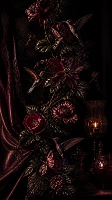 a climbing vine of flowers and hummingbirds on a dark background, tall wrapping composition, no text