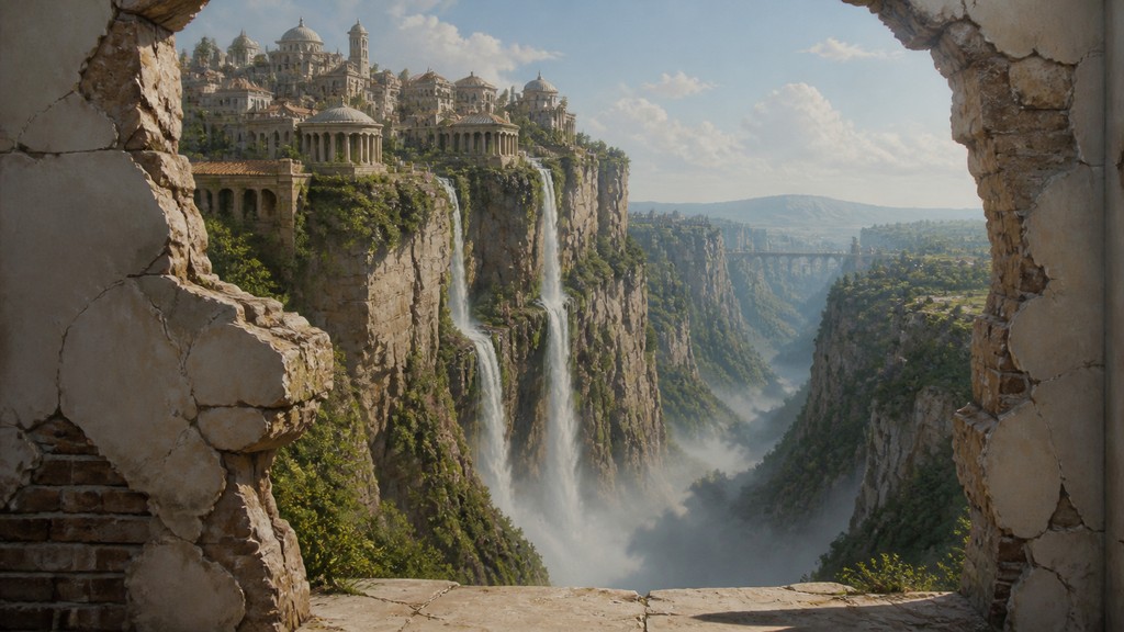 a cliffside city with waterfalls cascading into a misty canyon, wide establishing shot, no people, no text