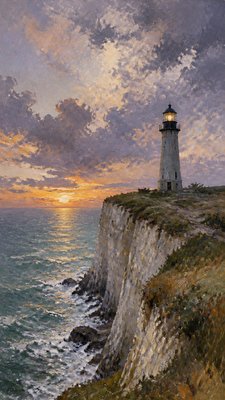 a lone lighthouse on a cliff at dusk under a dramatic sky, no text or lettering