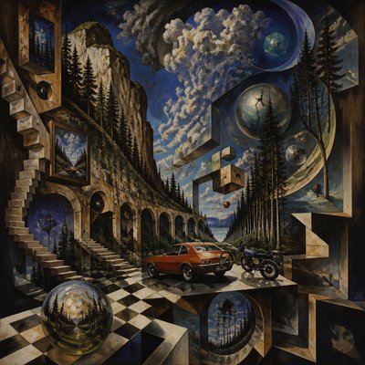 a painting of a car parked in front of a building