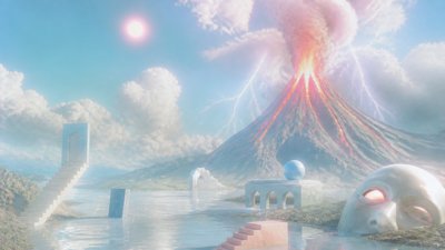 an erupting volcano with lightning strikes, dramatic wide composition, no text