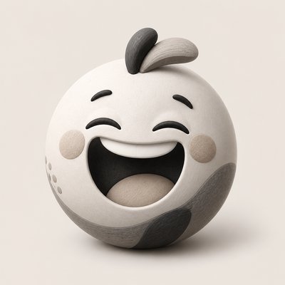 an exaggerated laughing face of an original round mascot character, bold and readable at small size, plain background, no text