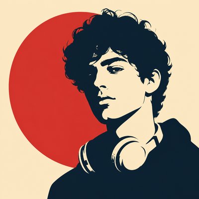 head-and-shoulders portrait of an original character: a young man with curly dark hair and headphones around his neck, plain backdrop, no text