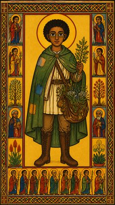 full-body original character: a wandering botanist with a satchel of plants, a patched green cloak, tall boots and round glasses, neutral background