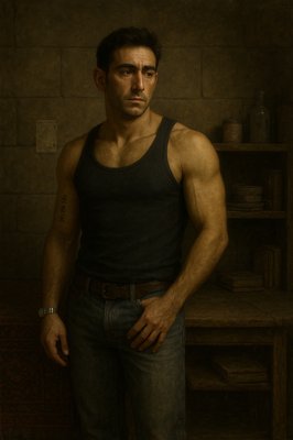 a painting of a man in a black tank top