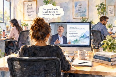 In a small office 3 people sit at desks doing their work.  There are 2 women and 1 man.  The woman sitting closest to us has her back to us and we can see past her to her large computer monitor, where a professional leadership coach is on the screen showing a slide.  "This guy will really be able to help me advance in my career!" is what the woman is thinking.  Her coworkers have no clue that she's getting all this help.  It's our secret!